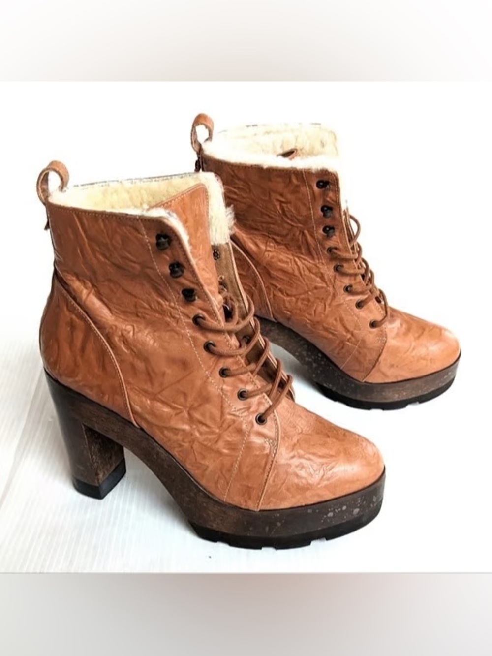 Kelsi Dagger Tan Lace-Up Fur-Trim Platform Ankle Boots